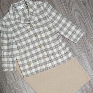 ST. JOHN skirt and beige plaid embellished button knit blazer jacket and skirt